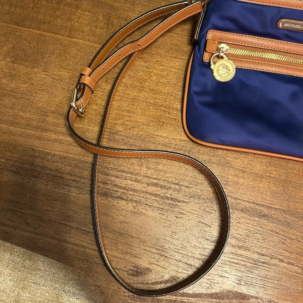 Michael Kors Kempton Blue and Tan Nylon Crossbody Purse